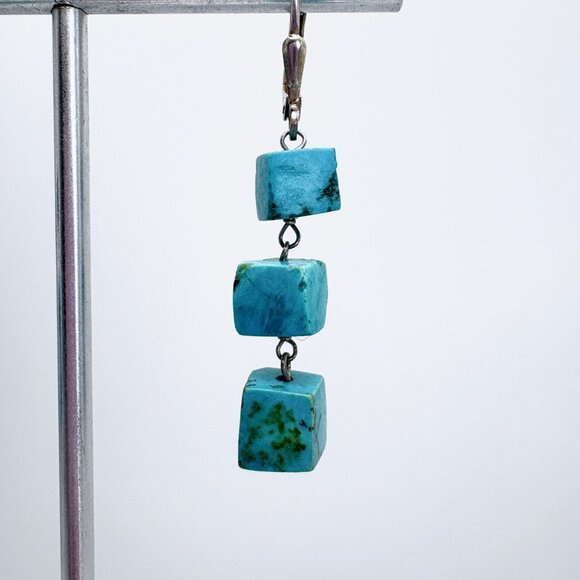 VTG Sterling Silver 925 Cube Turquoise Dangle Earrings Size 1.75" Length - Picture 5 of 8